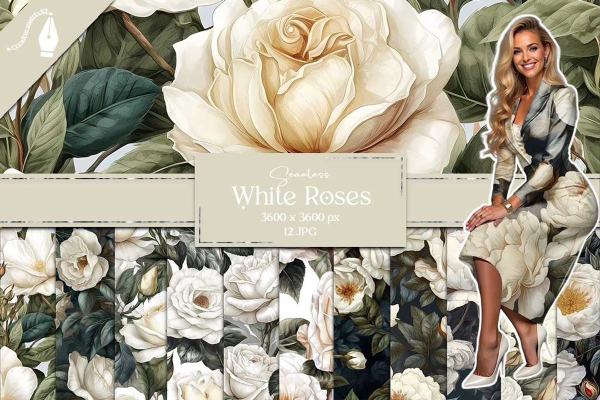 Watercolor White Roses Digital Paper, a Texture Graphic by Creative Matrix82 (Photo 1 of 5)