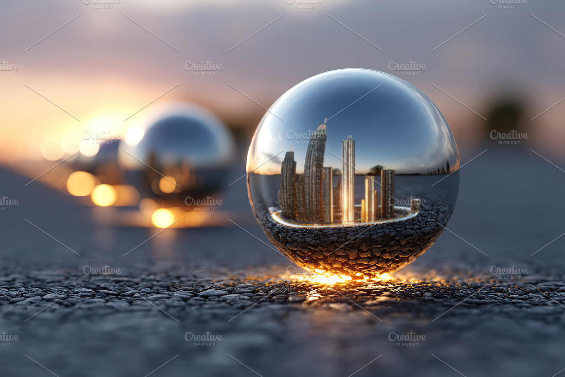 Creative reflection of a city skyline in glass spheres during sunset over a str, a Photo by AlyaAnd