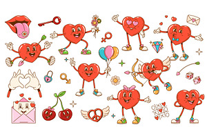 Retro groovy valentine hearts, a Seasonal Illustration by Vector Tradition