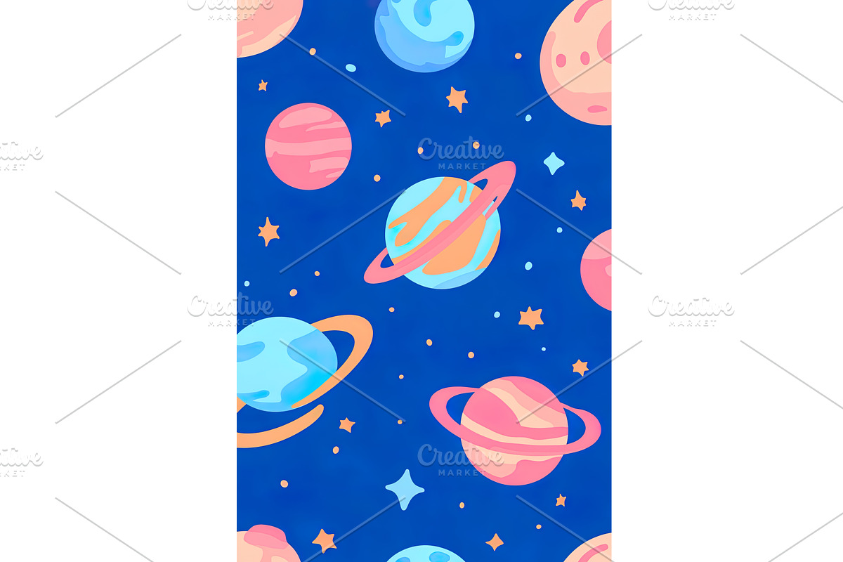 Colorful planets and stars on a blue, an Illustration by Lermont51