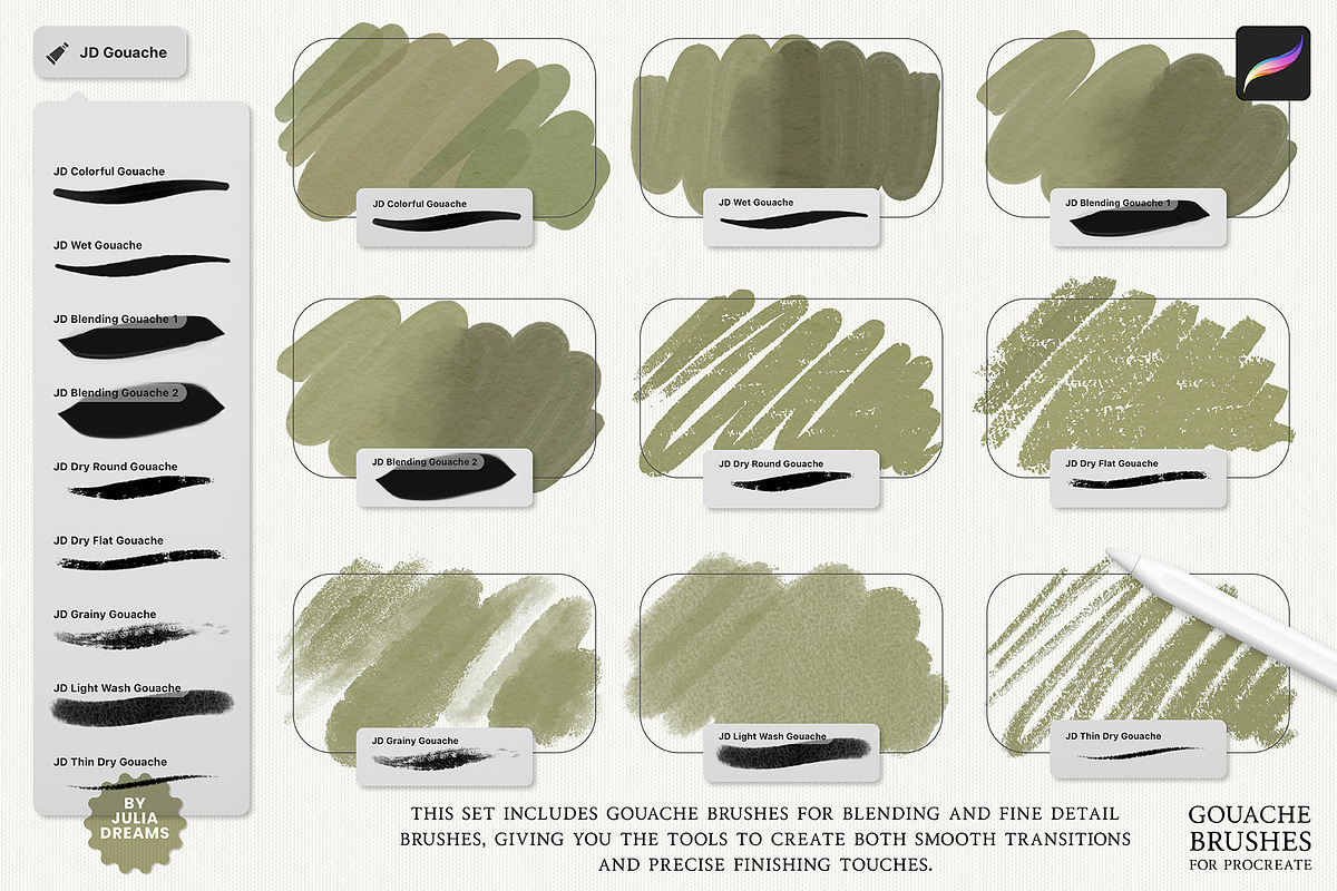 Realistic Gouache Procreate Brushes, a Brush Add-On by Julia Dreams (Photo 3 of 11)