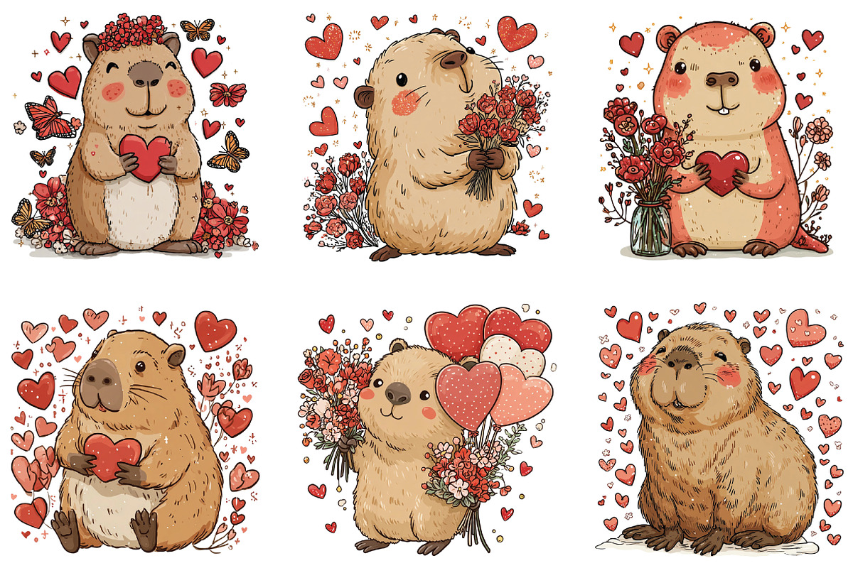 Watercolor Capybara Valentine Clipar, an Illustration by CraftArtStudio (Photo 6 of 6)