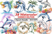Watercolor Summer Dolphin Clipart, an Illustration by DreamCafeArt (Thumbnail 1 of 5)