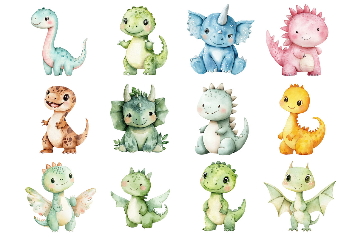 Watercolor Dinosaur Clipart, a Seasonal Illustration by Design Market (Photo 4 of 5)