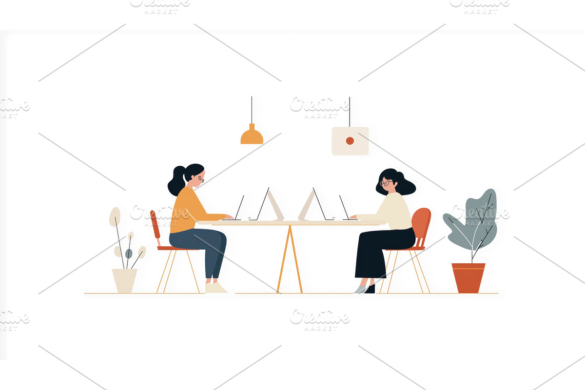 Two women work on laptops at a, a Person Illustration by Sergey Kotenev