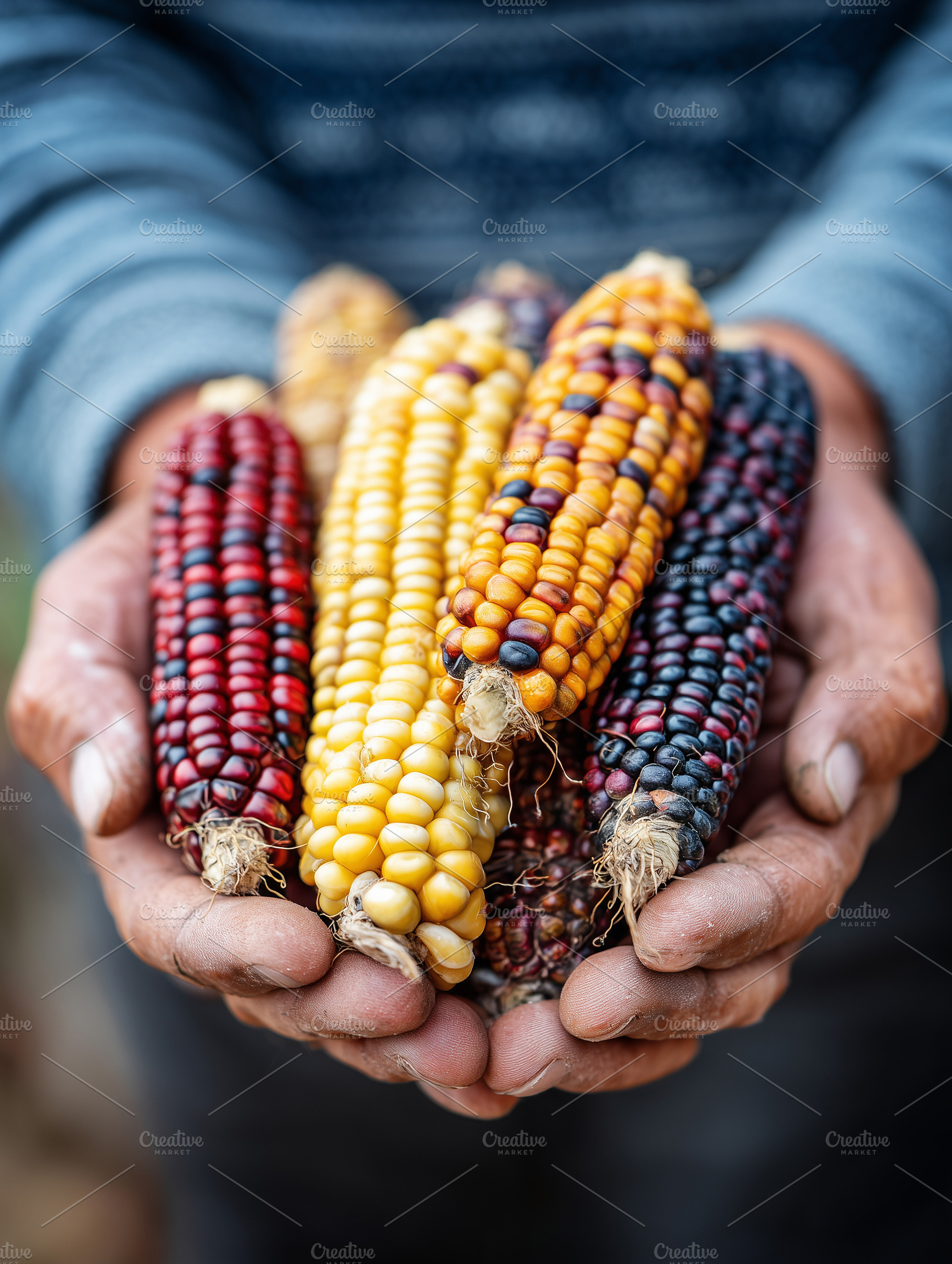 Farmer holding colorful corn cobs, a Food & Drink Photo by MistyDay