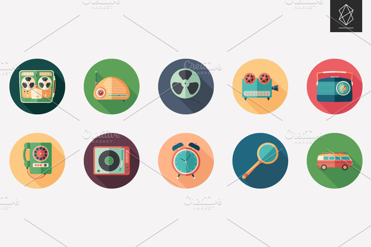 I love retro flat round icon set preview 3