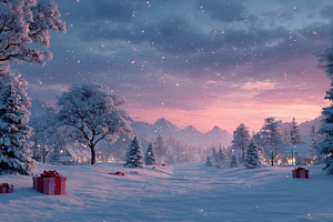 Magical Snowy Christmas Village Landscape with Gifts, Pink Sunse, a Background Photo by José Manuel Gelpi
