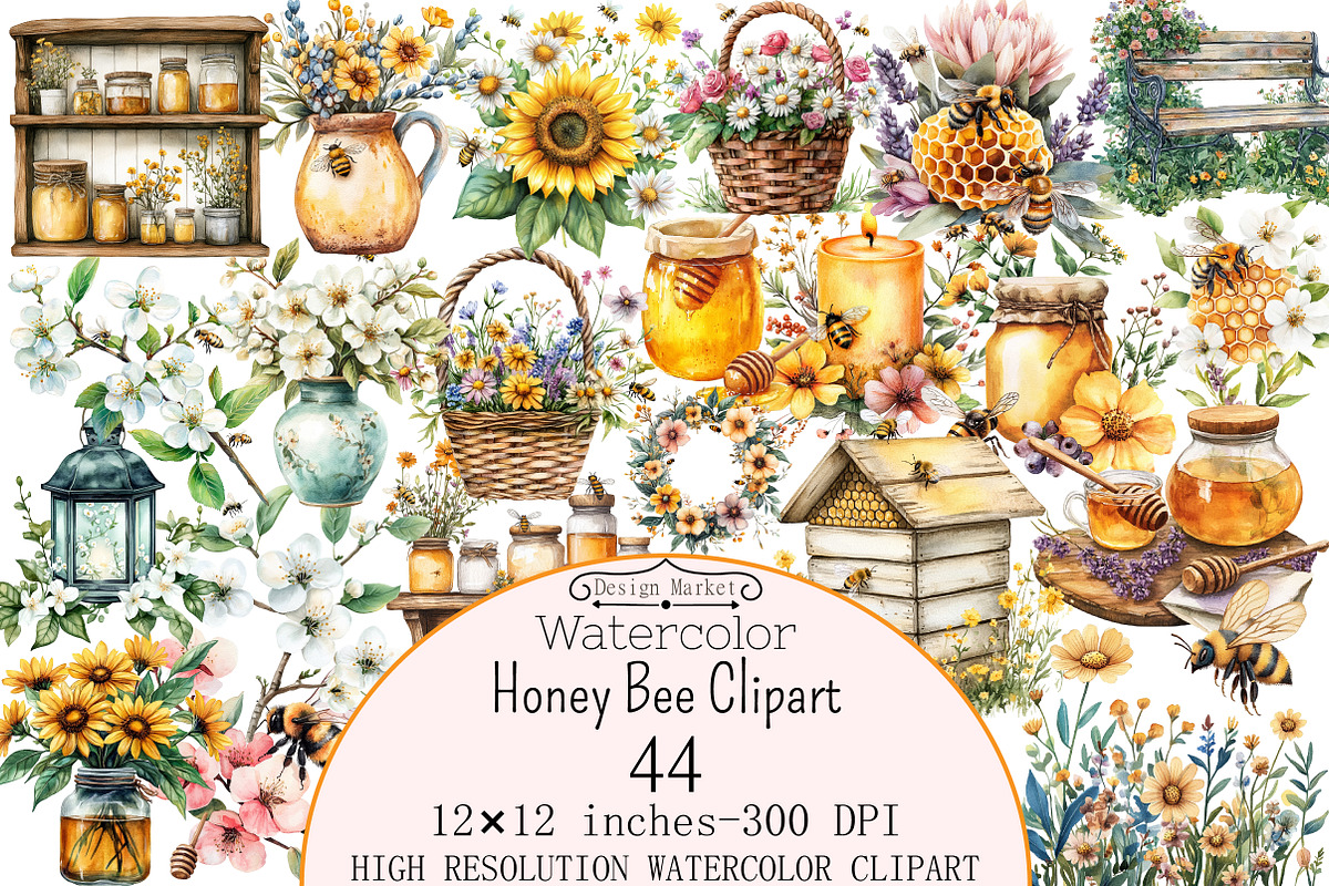 Watercolor Honey Bee Clipart, a Seasonal Illustration by Design Market (Photo 1 of 5)
