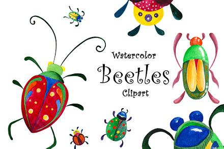 Watercolor clipart colored Beetles
