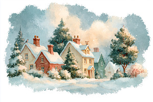 Winter village scene painted in watercolor, featuring snow cover, a Decorative Illustration by Studio ANNA
