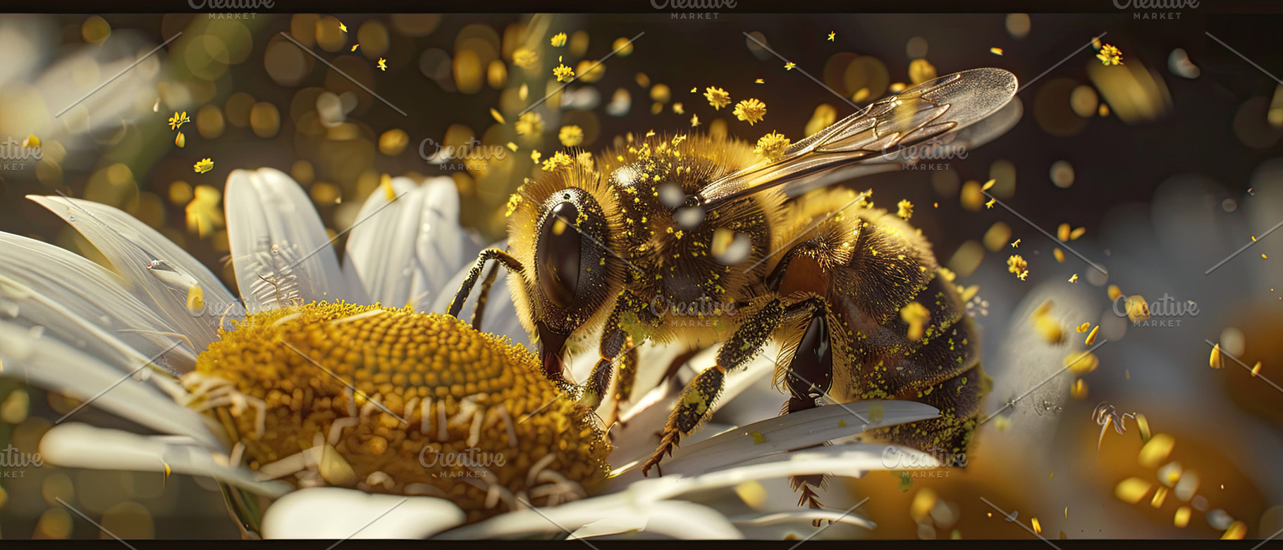 Honey bee covered in pollen from dai, a Photo by LOGOCREATIVE