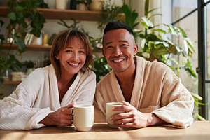 Happy couple enjoying coffee in a cozy indoor garden on a sunny morning, a Photo by AlyaAnd