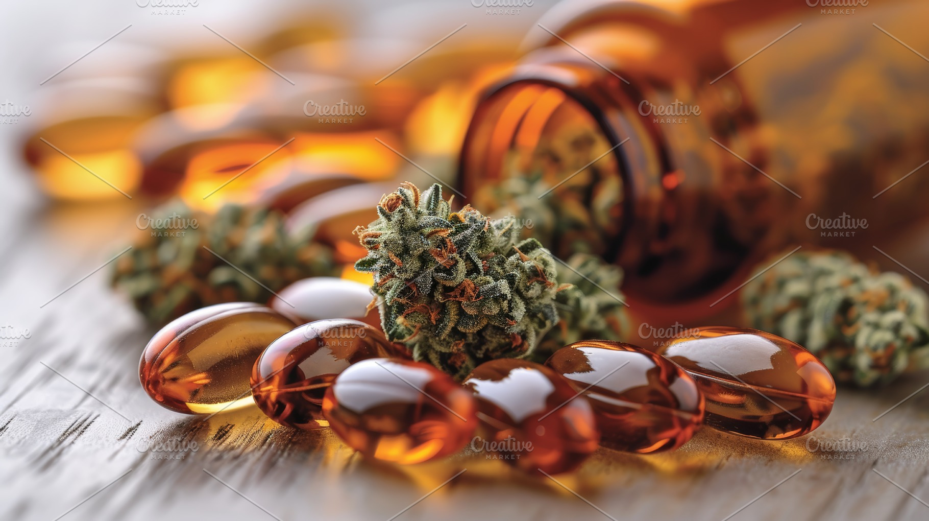 Close-up of medical marijuana with capsules and glass bottle, a Photo by AS photostudio