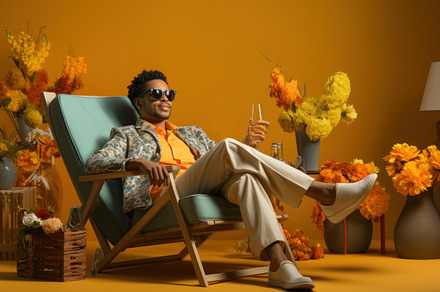 Stylish african american man in sunglasses sitting in armchair w, a Person Photo by AS photostudio