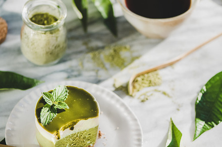 Green matcha cheesecake and black featuring food, drink, and dessert, a Food & Drink Photo by Foxys