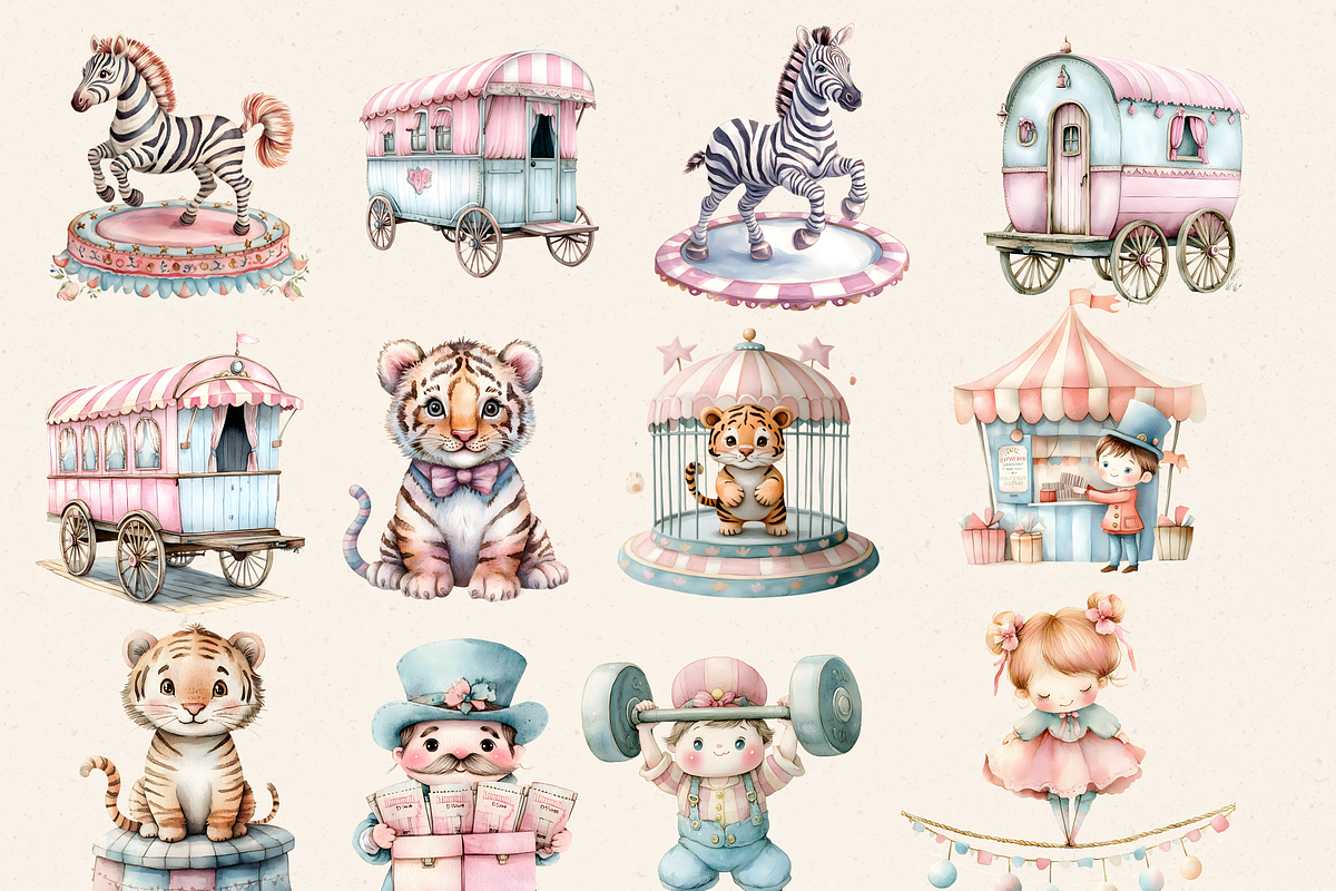 PASTEL CIRCUS FOR KIDS CLIPART, an Animal Illustration by Daring Digies (Photo 2 of 8)