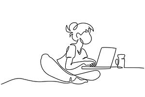 Cute girl working remotely on laptop, a Person Illustration by Valenty
