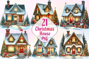 Christmas Watercolor House Clipart