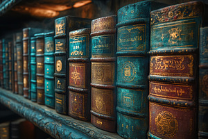 Vintage collection of leather-bound, a Photo by Tanuart