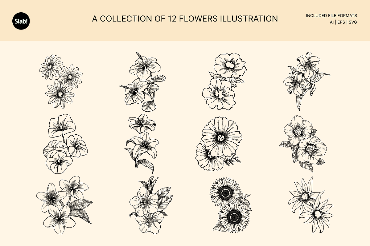 12 Hand Drawn Flowers Illustration, an Object Illustration by SLAB! Design (Photo 2 of 3)