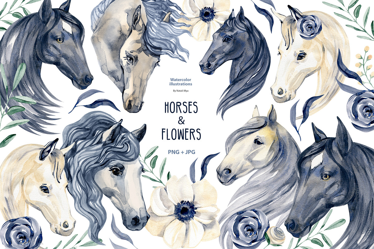 Watercolor horses and flowers, an Animal Illustration by NataliMiasStore (Photo 1 of 6)