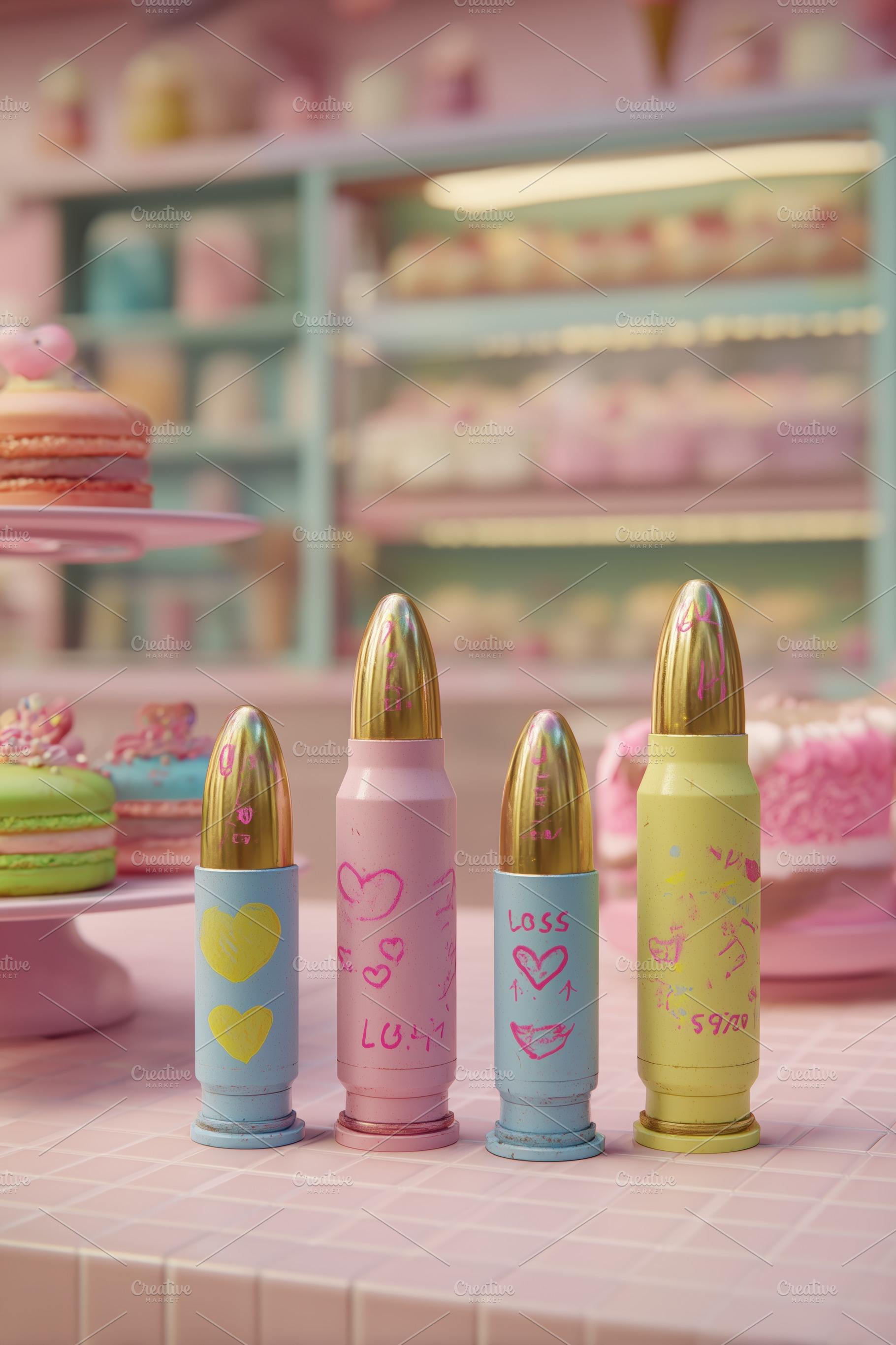 A colorful display of decorative bullets resembling cosmetics, set against a pa, an Arts & Entertainment Photo by Textures & Backgrounds