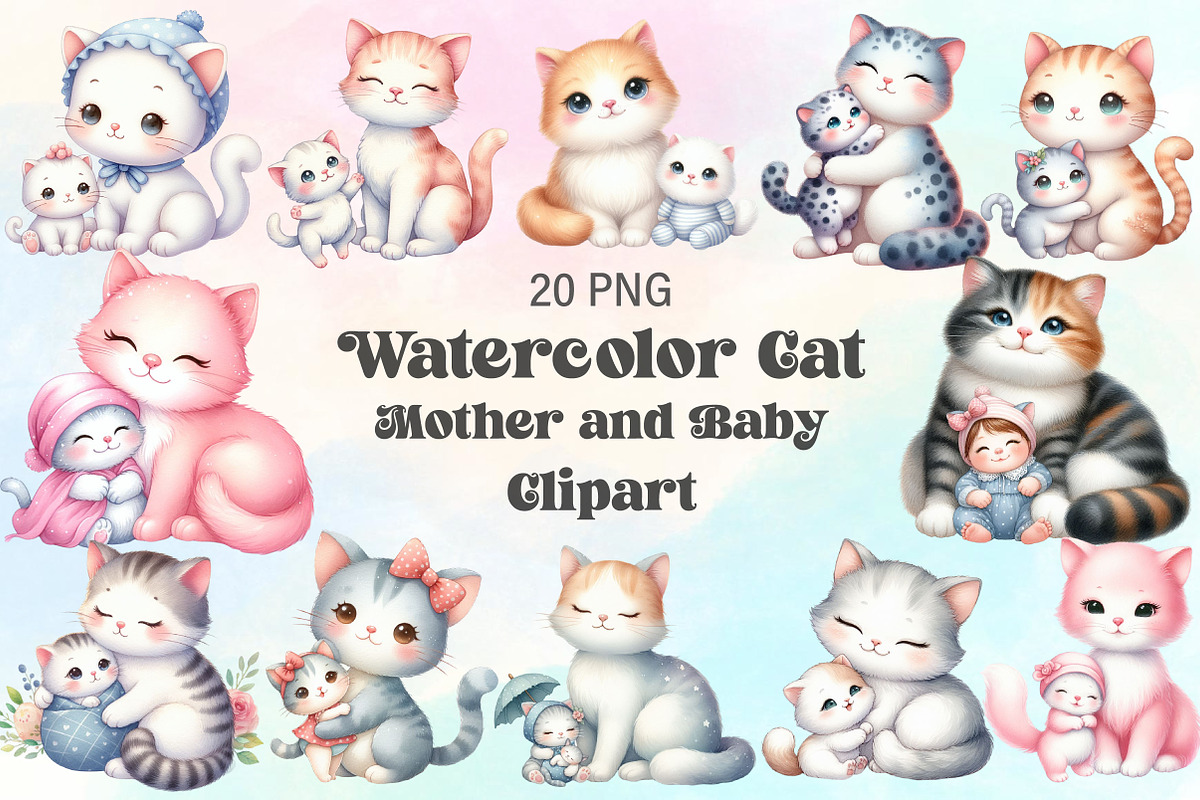 Watercolor Funny Cat Mother Baby PNG, an Illustration by CraftArtStudio (Photo 1 of 3)