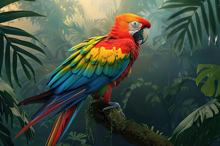 A colorful macaw on a branch amid be, a Photo by LOGOCREATIVE