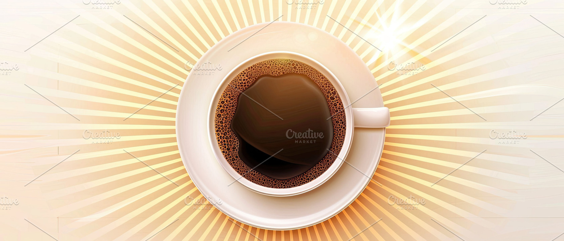 Cup of coffee surrounded by sun rays, a Photo by LOGOCREATIVE