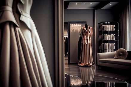 interior of a haute couture evening dress shop. High fashion con
