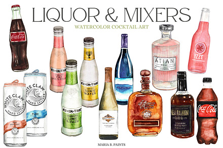 Liquor & Mixers Watercolor Clip Art, an Object Graphic by Maria B. Paints