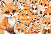 15 Bundle Watercolor Baby Fox Wild, an Animal Illustration by Morspective (Thumbnail 1 of 8)