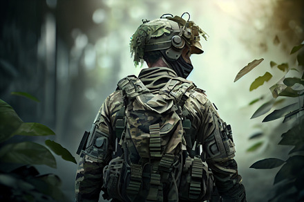 Fully equipped soldier in camouflage uniform rear