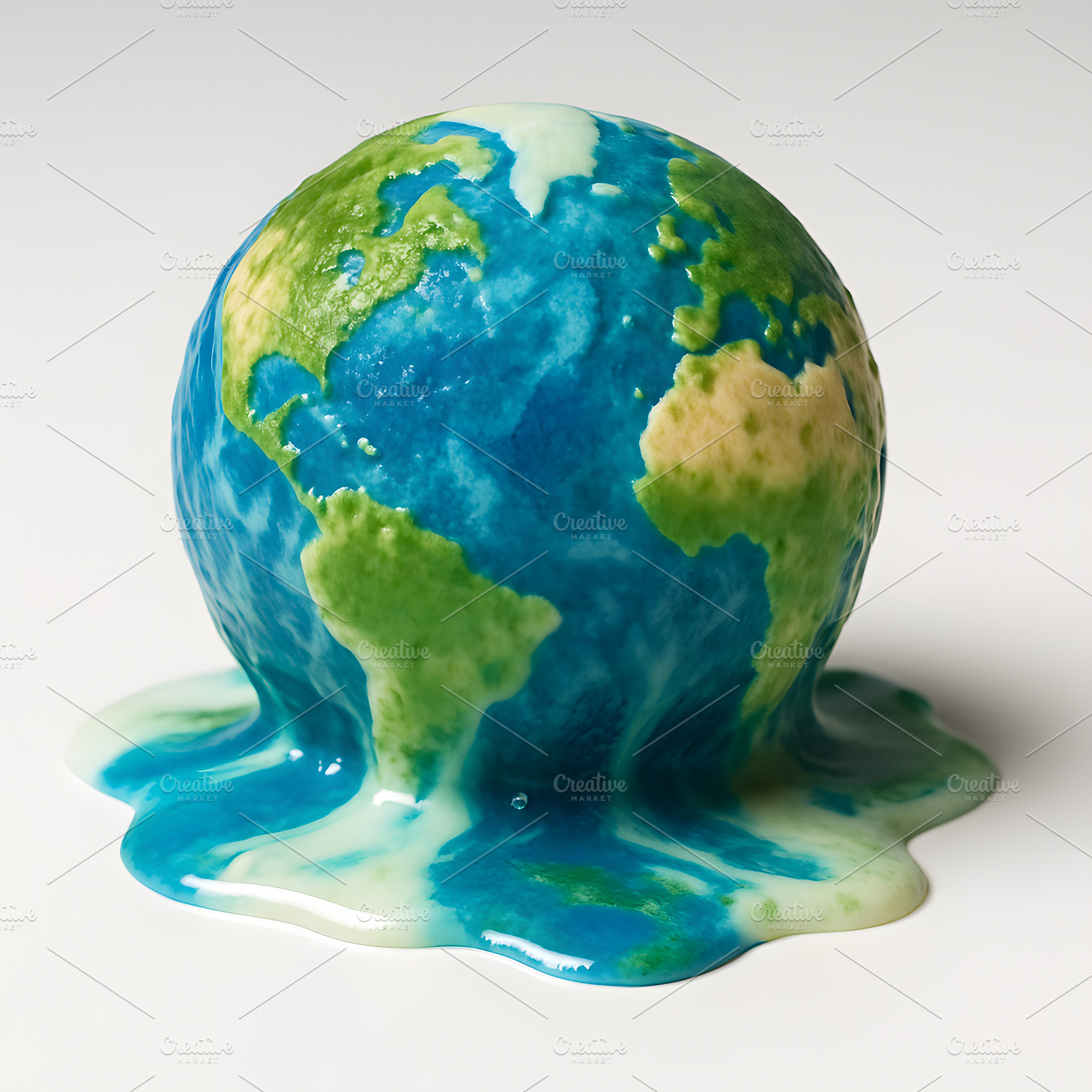 Melting Earth sphere resembling ice cream on white surface, an Abstract Photo by GoodGoods
