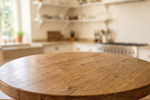 Empty round wooden oak table top, a Food & Drink Photo by Volff