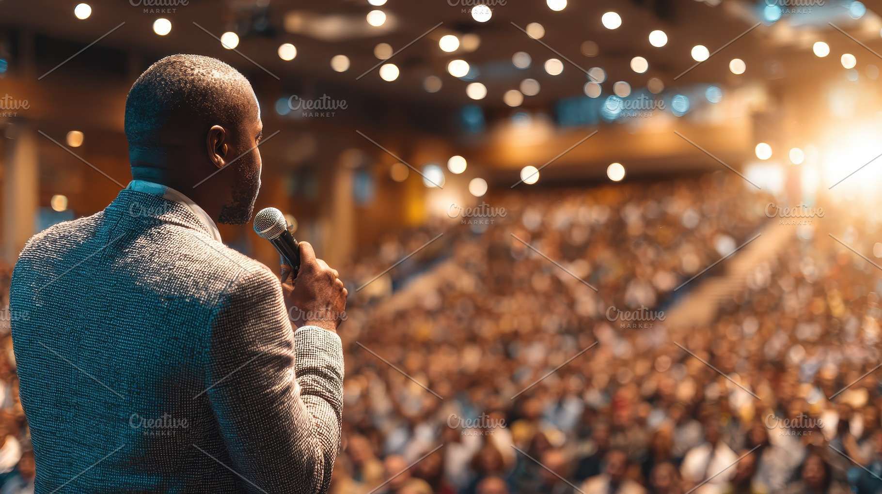 Man speaking at a large conference, a Photo by Pixeness Studio