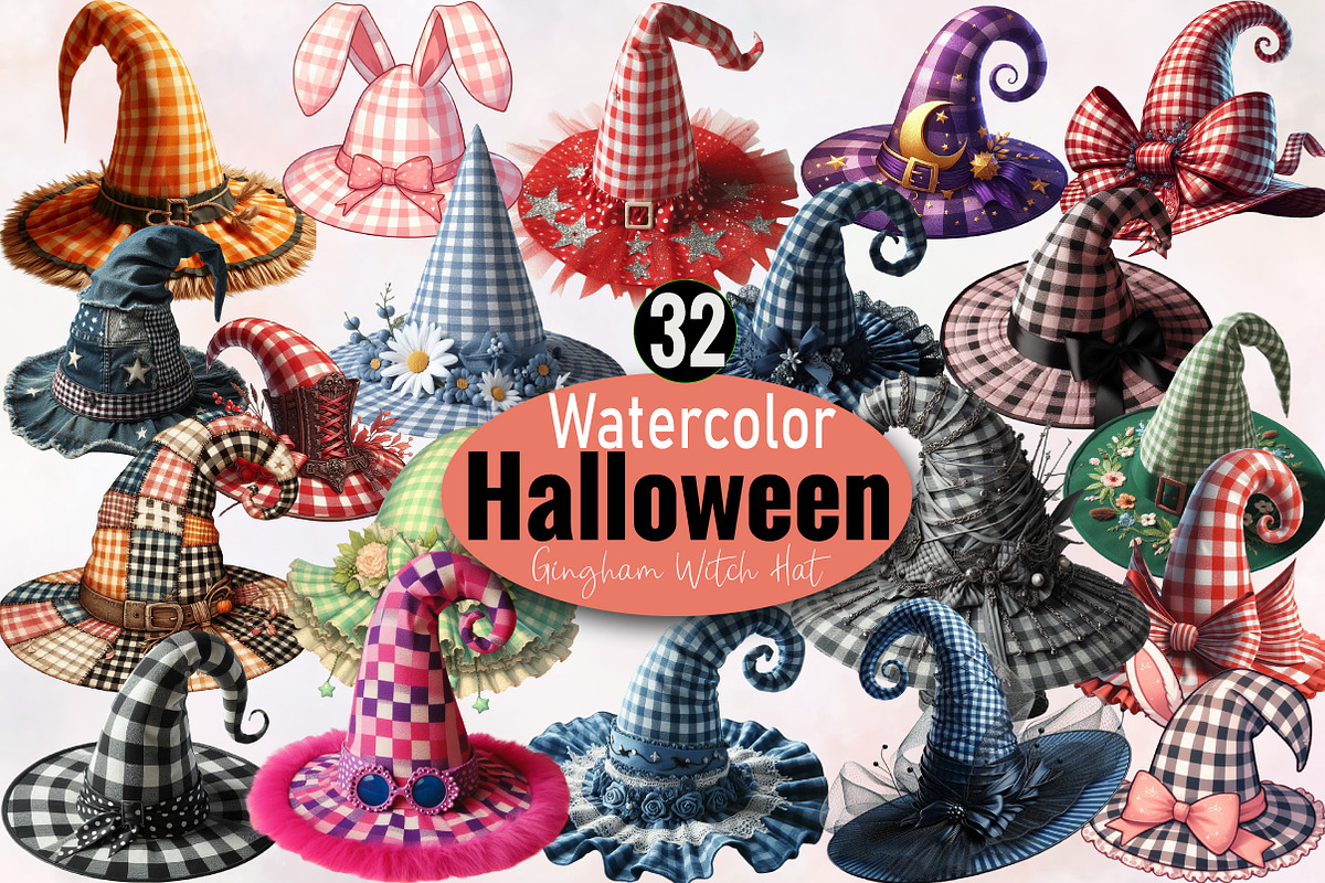 Gingham Witch Hat Clipart Halloween, an Illustration by SVGArt
