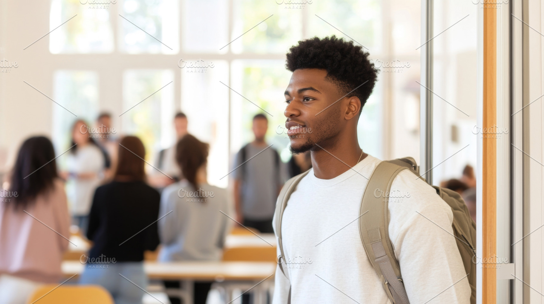 Young african american man entering classroom with students in b, a Photo by Dvoevnore photos