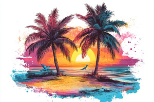 Tropical Sunset Beach Scene Palm Tre, a Photo by Pixeness Studio