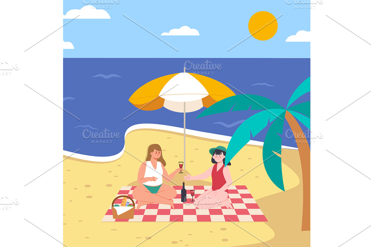 Girls on beach picnic. Friends, a Sport Illustration by LadadikArt