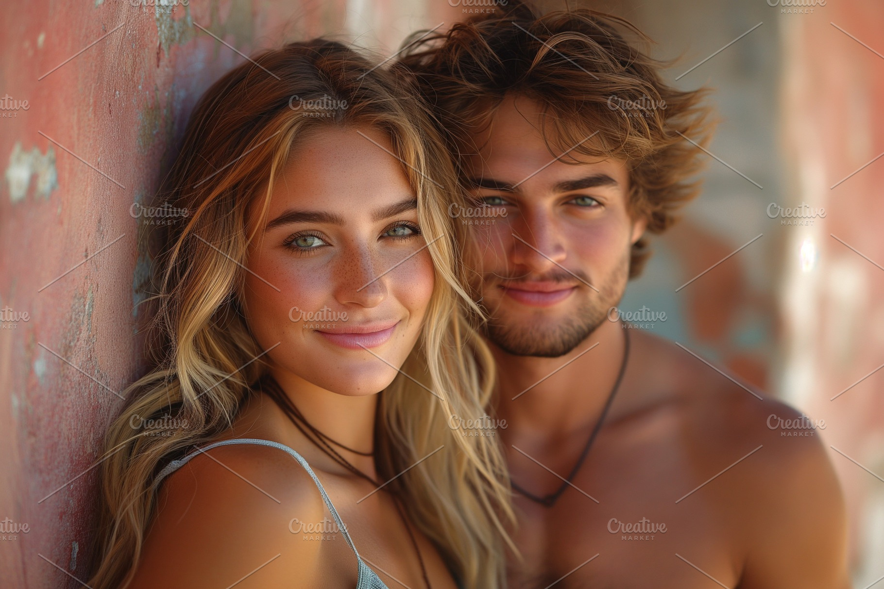 A young couple smiles warmly, showcasing joy and connection against a rustic, w, a Person Photo by ImageMir