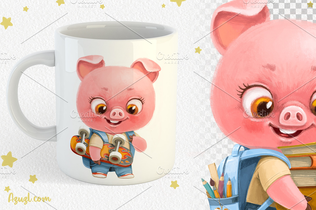 Cute cartoon piglet go to school, an Animal Illustration by Azuzlikus (Photo 2 of 3)