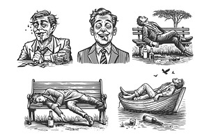 Drunk Men Passed Out engraving, a Food Illustration by AlexArt