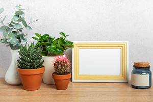 Modern home decor with blank picture frame, plants, and candle o, a Background Photo by Olena Rudo