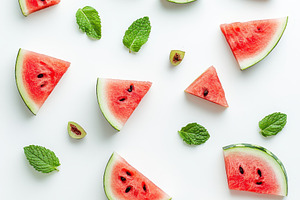 Watermelon slices and mint leaves su, a Food & Drink Photo by Pixeness Studio
