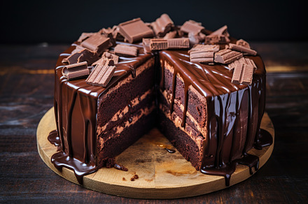 Chocolate cake with chocolate bars on wooden table, a Food & Drink Photo by AlyaAnd