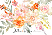 Watercolor Dahlias & Roses Flowers, an Illustration by GraphicsDish (Thumbnail 1 of 4)