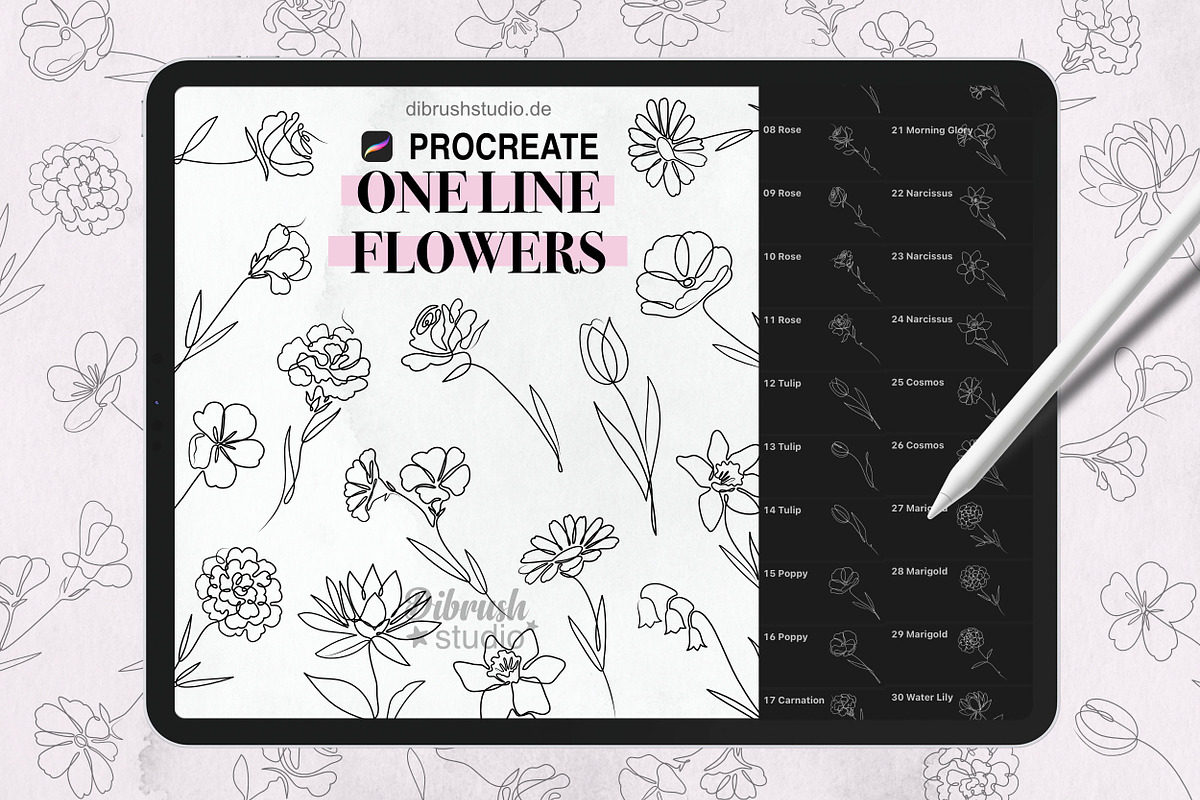 Procreate One Line Flowers, a Brush Add-On by DiBrush Studio (Photo 1 of 4)