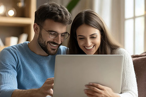 Smiling spouse web browsing, a Photo by Pavel_design